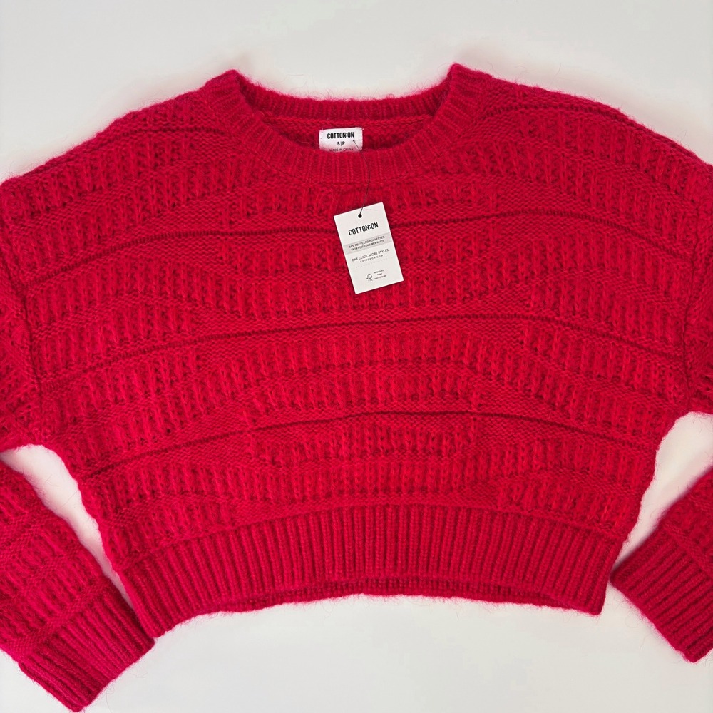 NWT Cotton On Red Fluffy Textured Boxy Cropped Crew Sweater S Soft Slouchy Knit